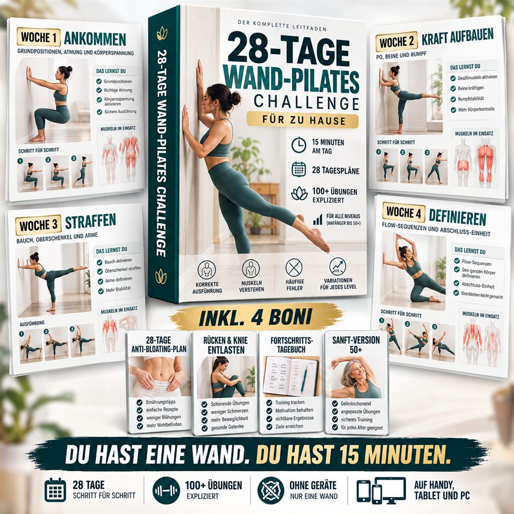 28-Tage Wand-Pilates Challenge – Programm mit 4 Wochen und 4 Boni